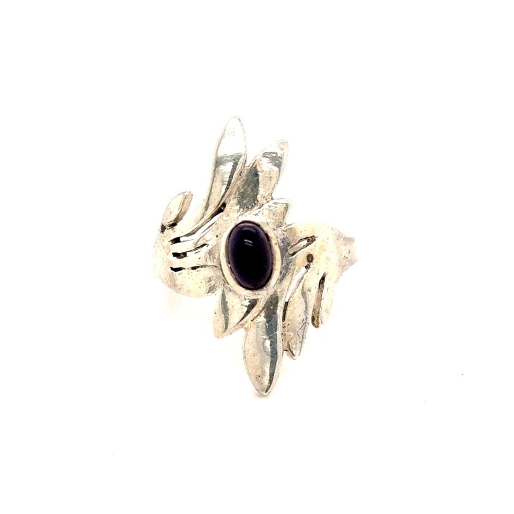 Vintage Sterling Silver Amethyst Cabochon Brutalist Leaf Statement Ring Size 7